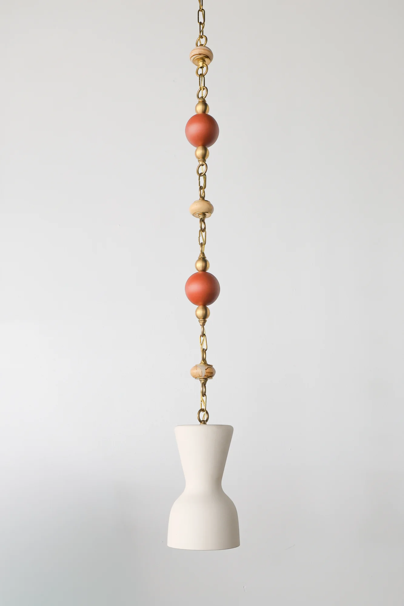 Cream, Terra Cotta, & Teakwood Beaded Pendant Light - One of One - Image 10