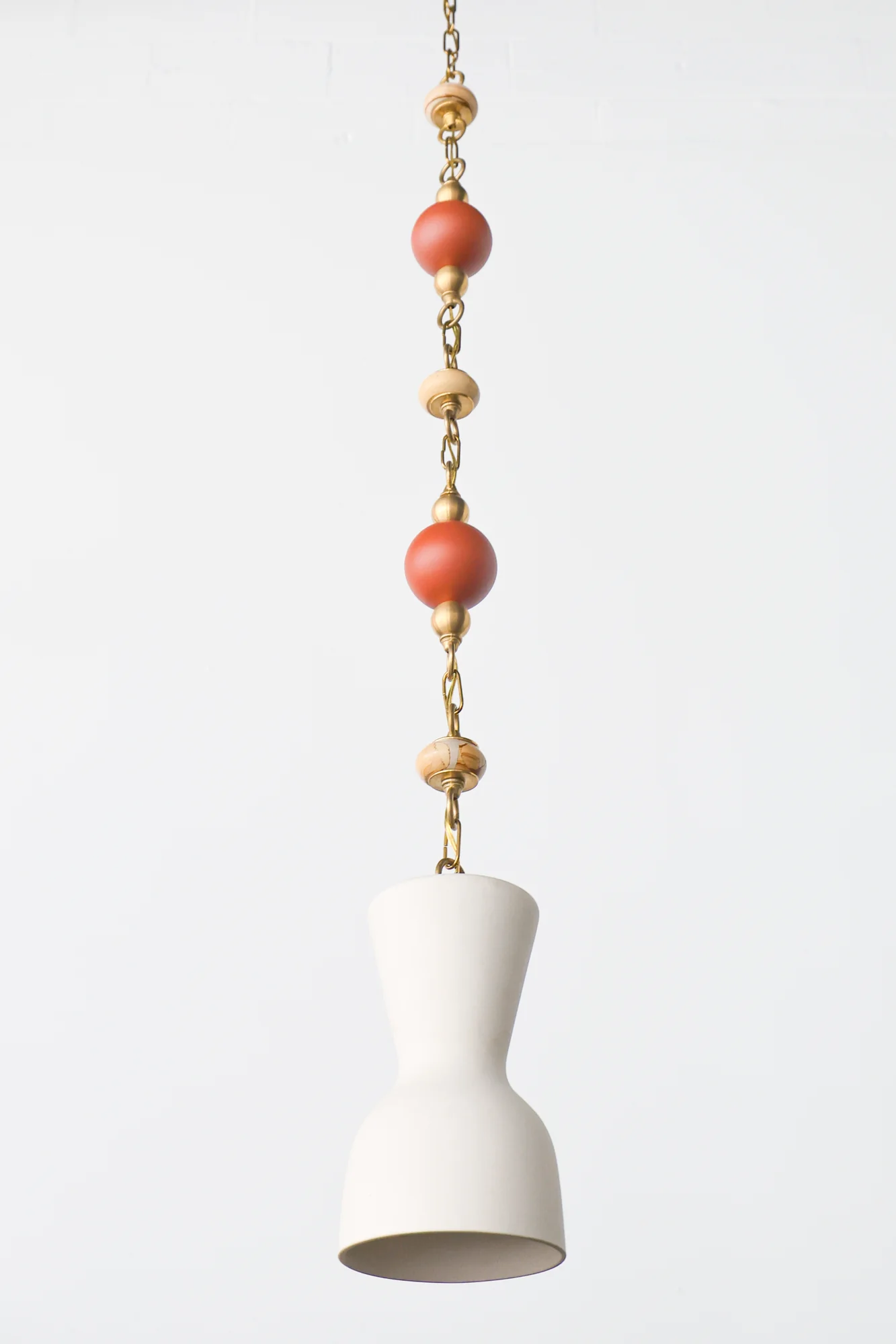 Cream, Terra Cotta, & Teakwood Beaded Pendant Light - One of One - Image 8