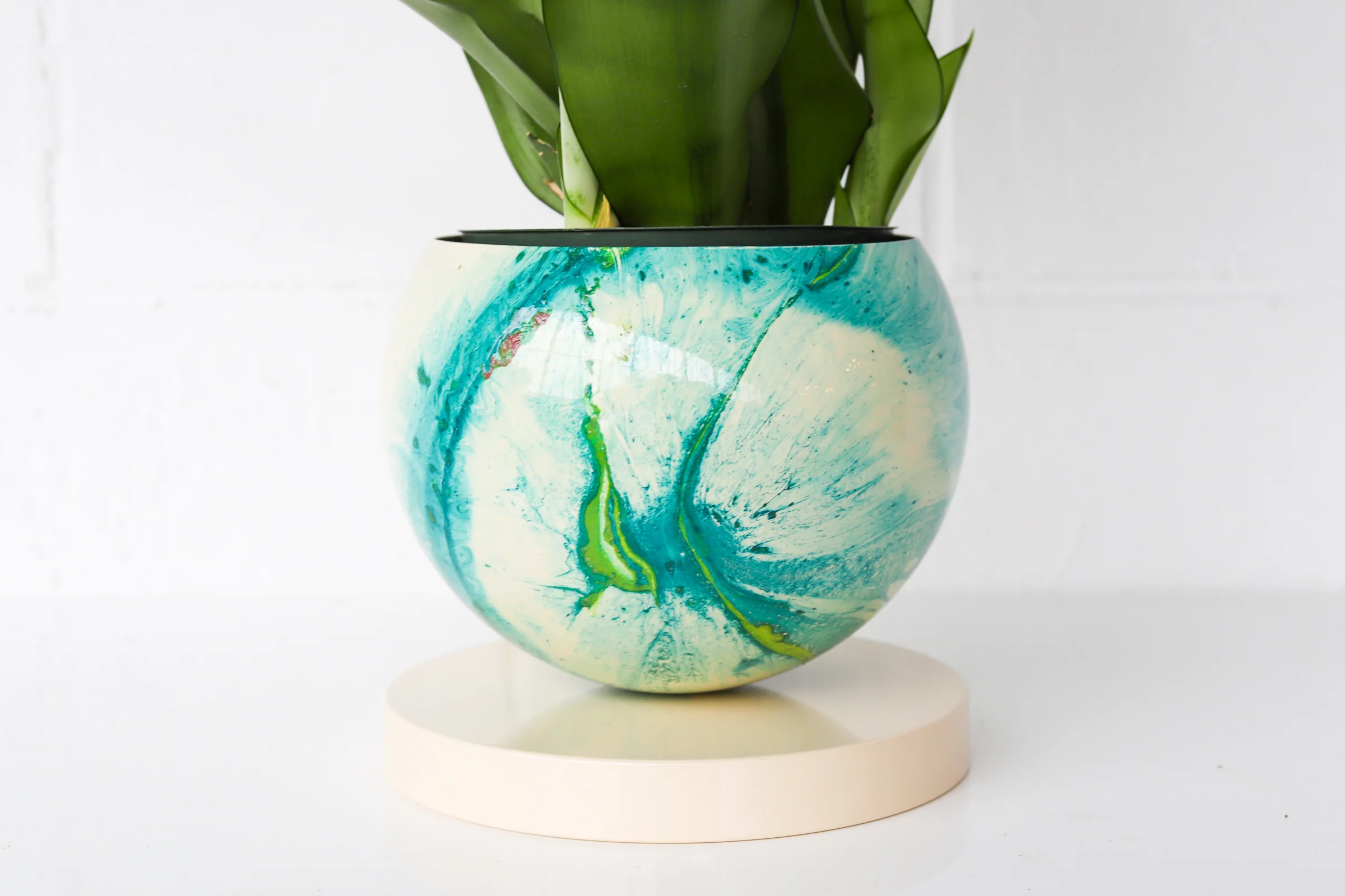 Large Cream, Teal, & Chartreuse Marbled Planter with Cream Base - Image 2