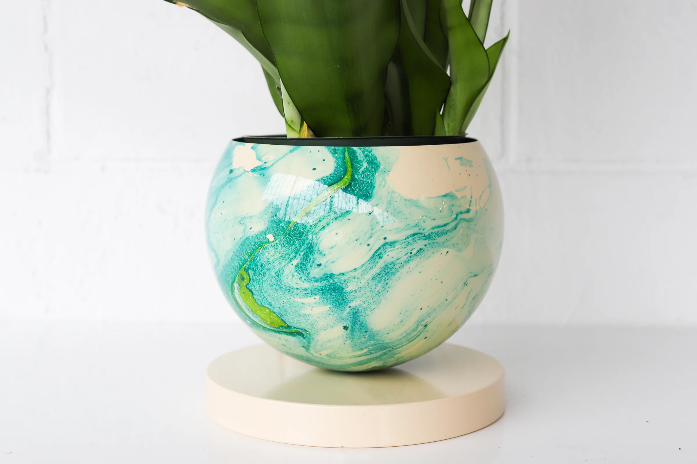 Large Cream, Teal, & Chartreuse Marbled Planter with Cream Base - Image 3