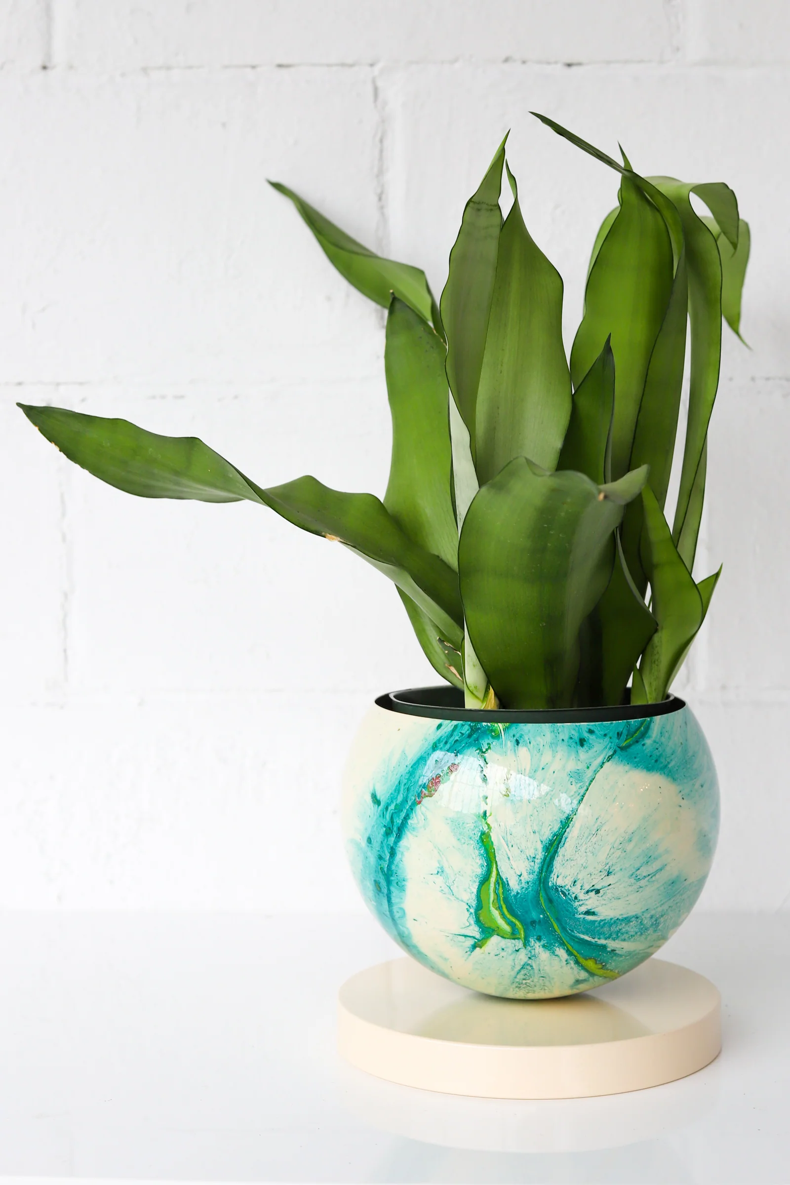 Large Cream, Teal, & Chartreuse Marbled Planter with Cream Base - Image 5