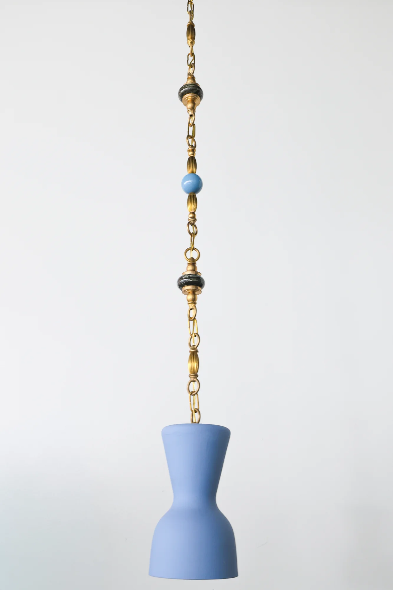 Pastel Blue, Green Marble, and Brass Beaded Pendant Light - One of One - Image 4