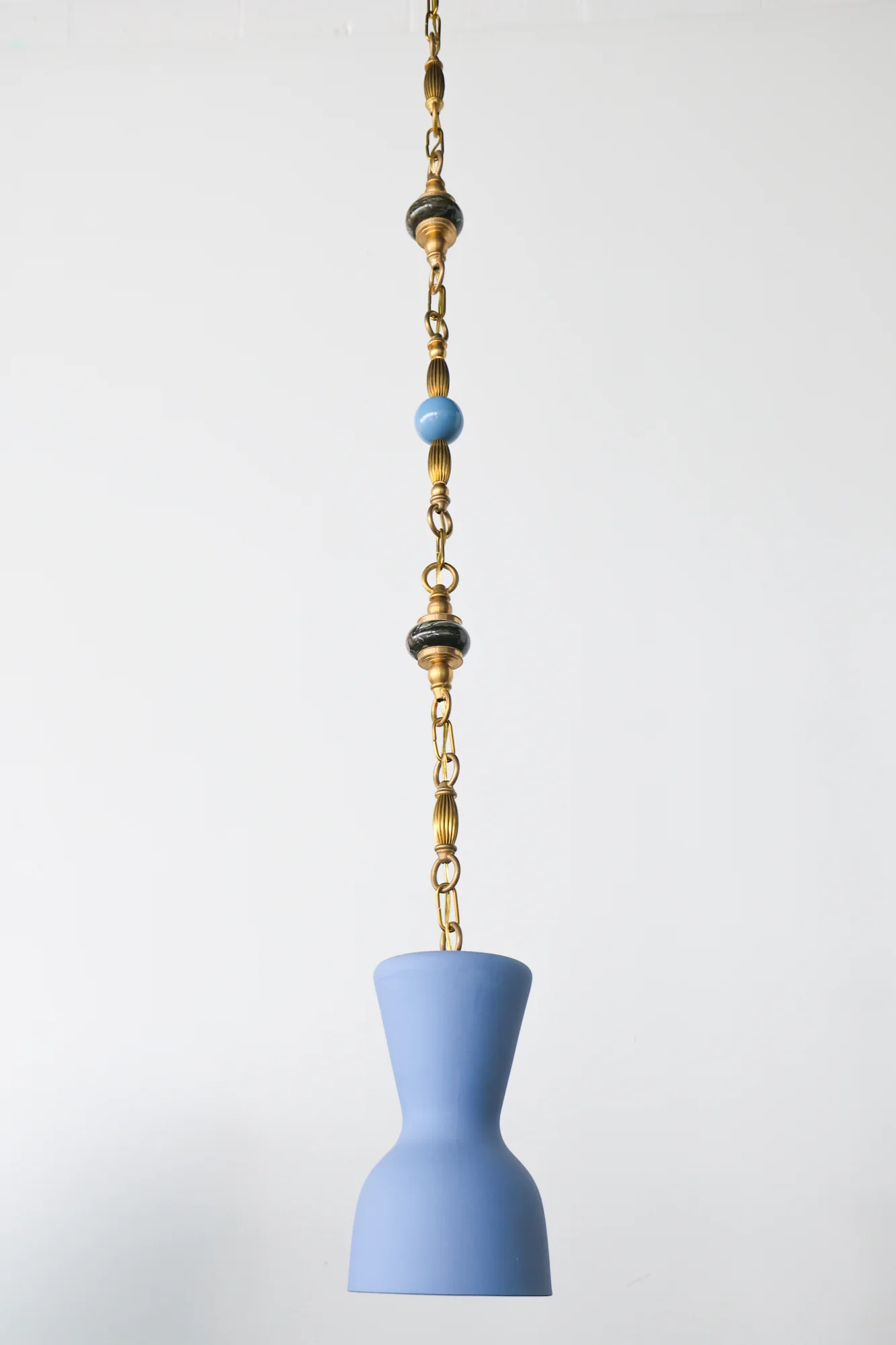 Pastel Blue, Green Marble, and Brass Beaded Pendant Light - One of One - Image 7