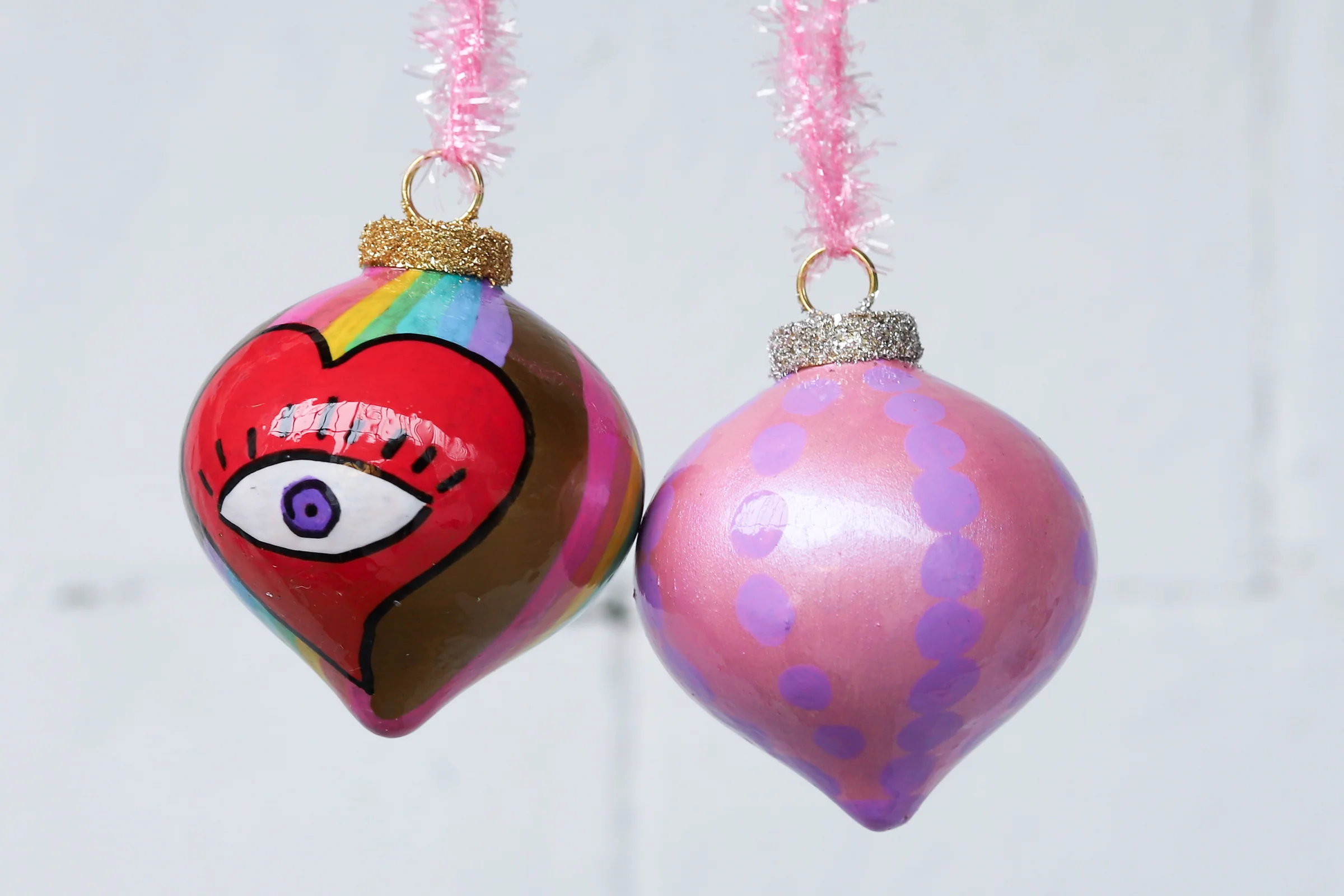 Pink & Purple Dot & Rainbow Heart Eyes Painted Ornaments Set - Image 3