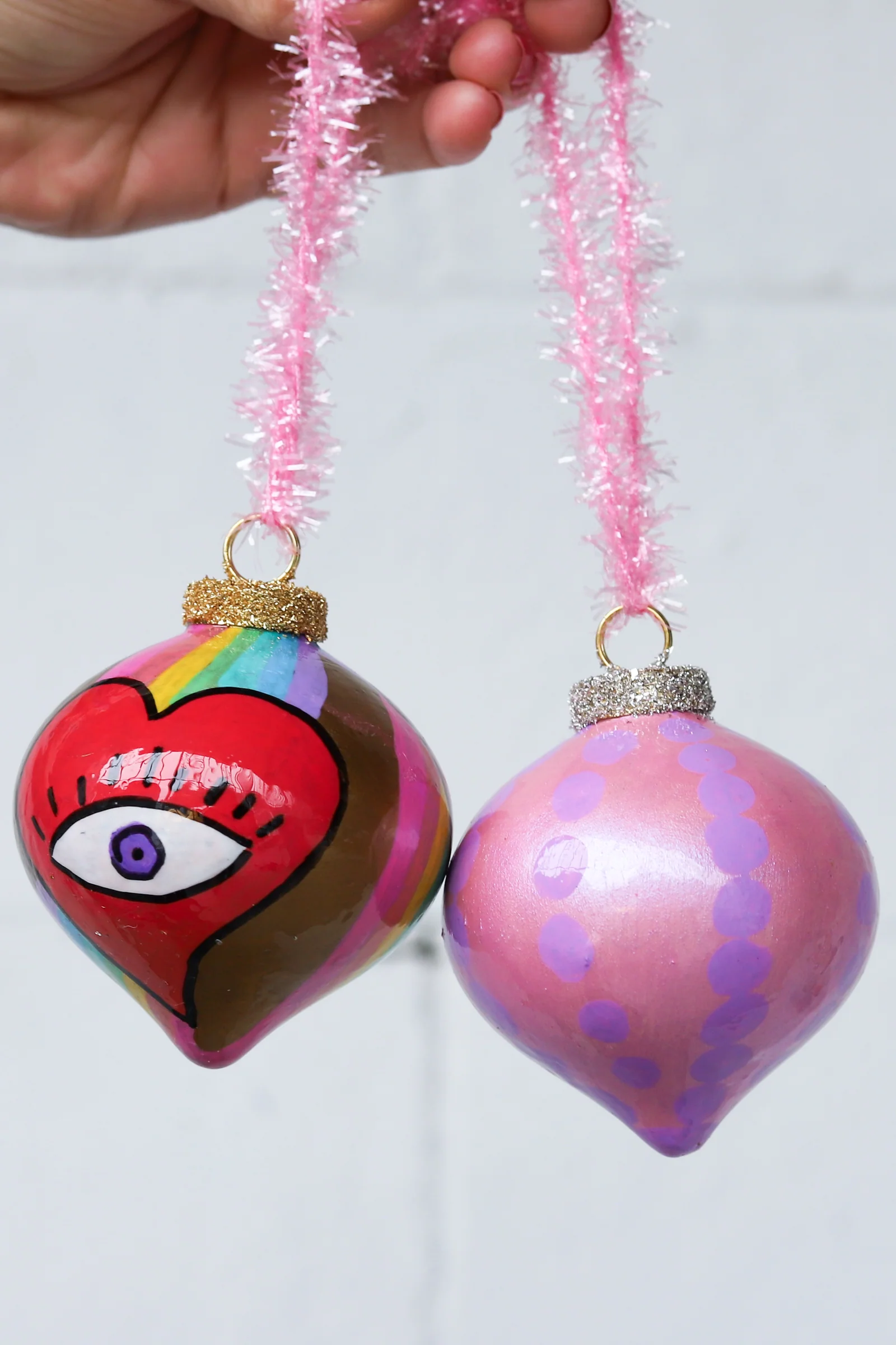 Pink & Purple Dot & Rainbow Heart Eyes Painted Ornaments Set - Image 4