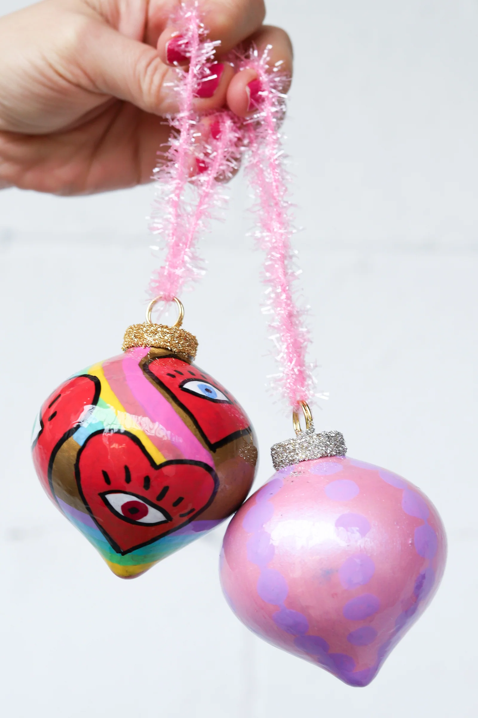 Pink & Purple Dot & Rainbow Heart Eyes Painted Ornaments Set - Image 5