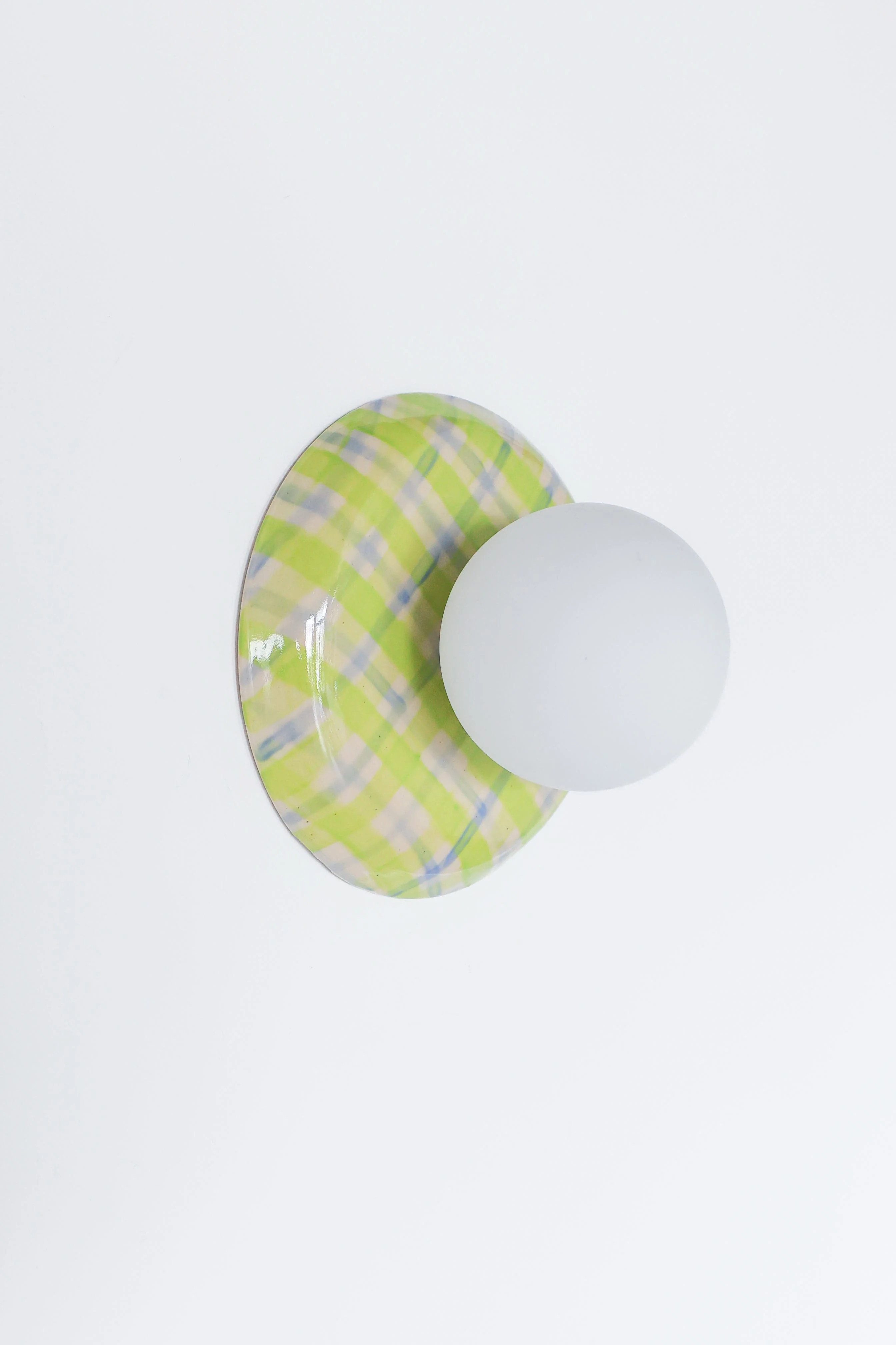 Watercolor Chartreuse + Blue Plaid Globe Sconce - One of One - Image 4