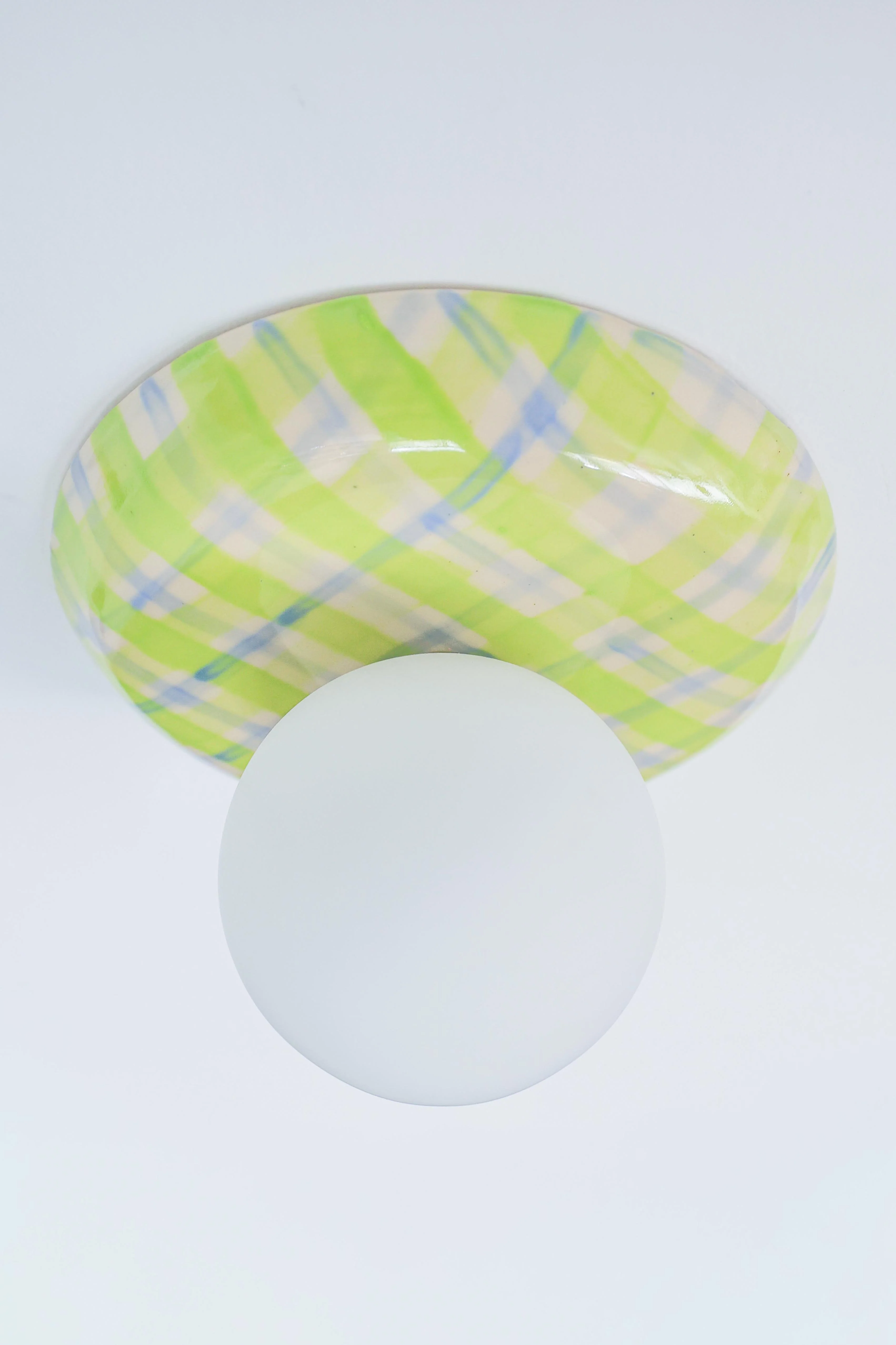 Watercolor Chartreuse + Blue Plaid Globe Sconce - One of One - Image 6