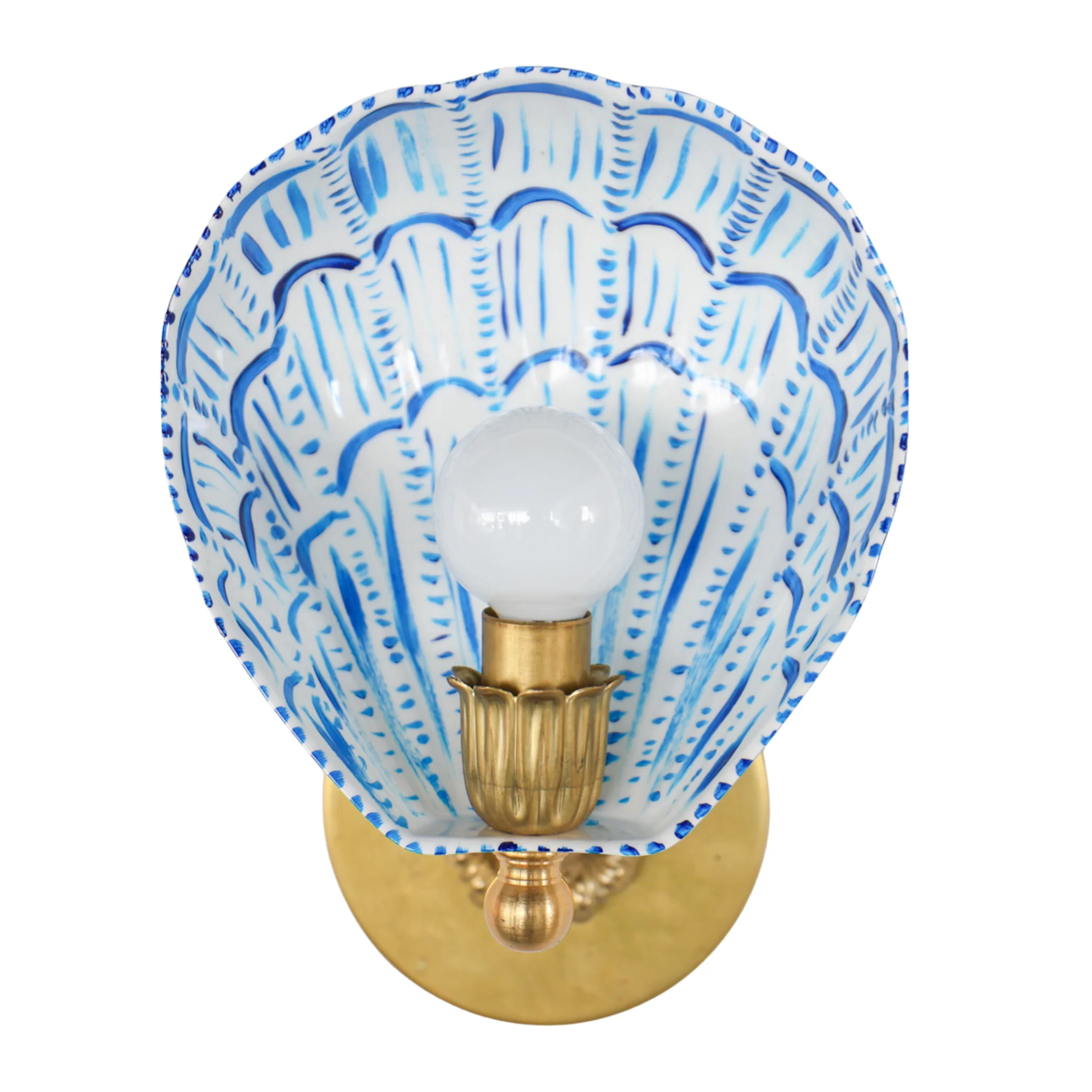 White, Blue, & Brass Hand-Painted Coquille Sconce: One of One