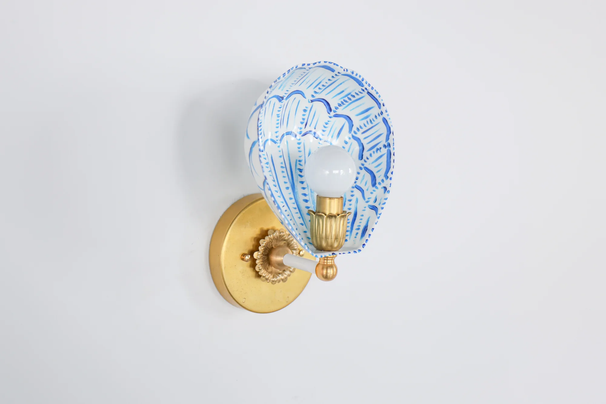 White, Blue, & Brass Hand-Painted Coquille Sconce: One of One - Image 11