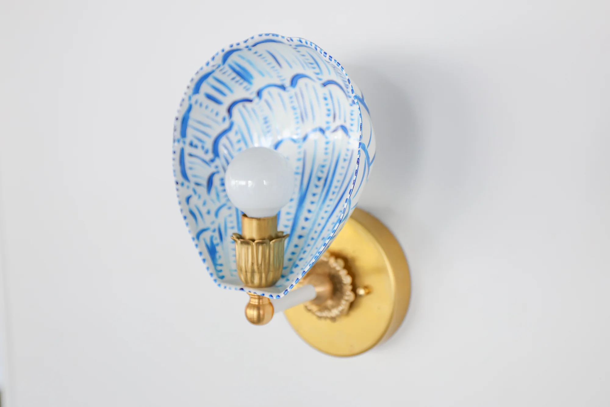 White, Blue, & Brass Hand-Painted Coquille Sconce: One of One - Image 13