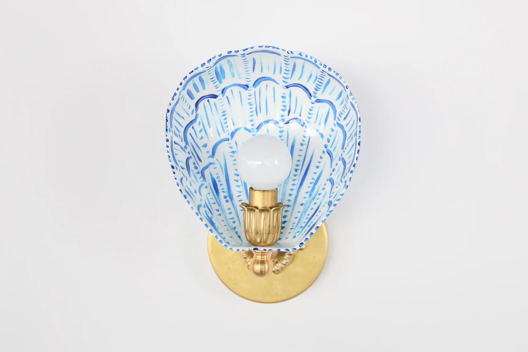 White, Blue, & Brass Hand-Painted Coquille Sconce: One of One - Image 15