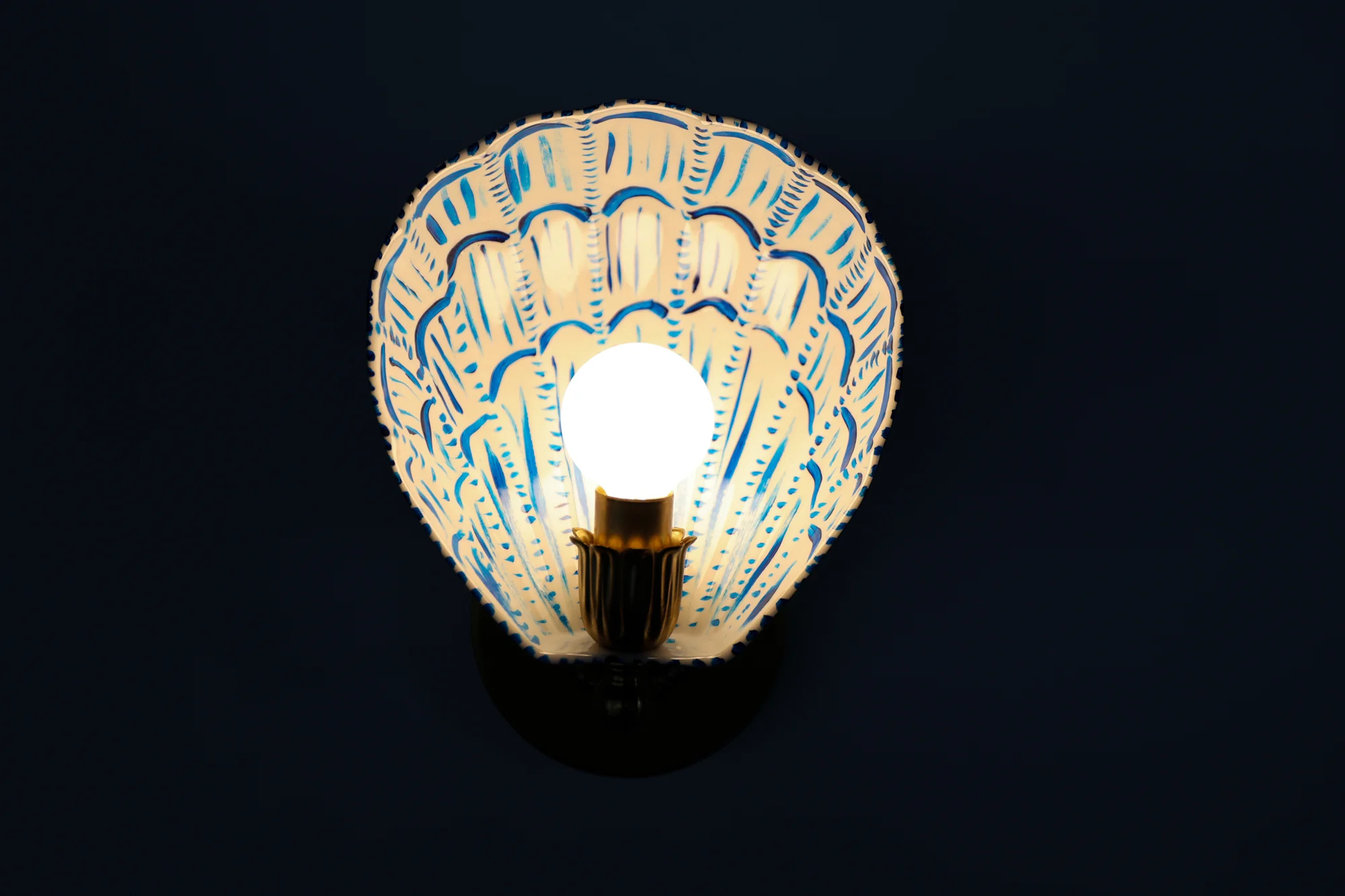 White, Blue, & Brass Hand-Painted Coquille Sconce: One of One - Image 2