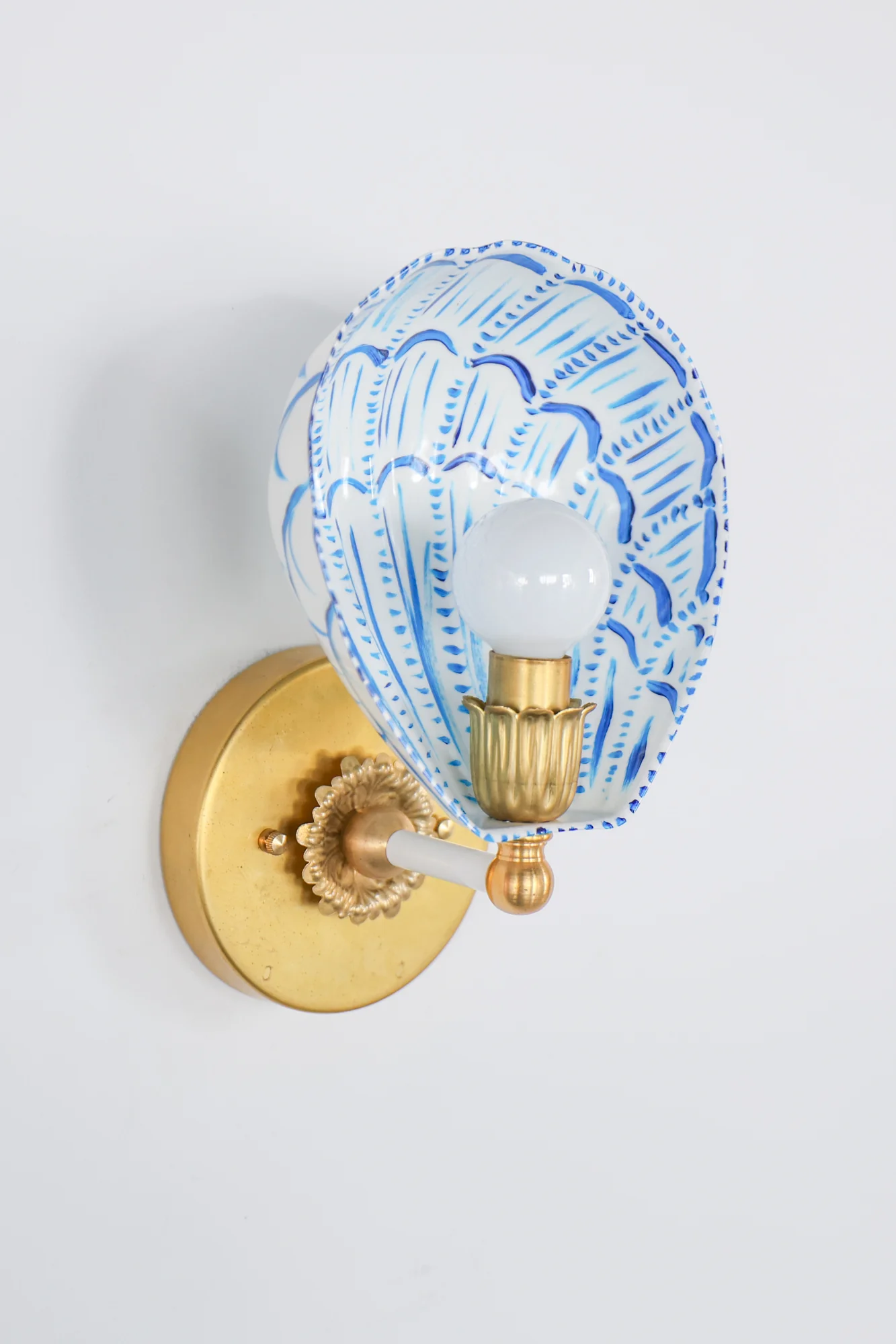 White, Blue, & Brass Hand-Painted Coquille Sconce: One of One - Image 3