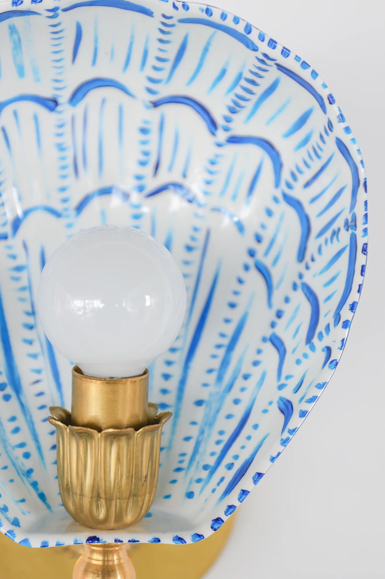 White, Blue, & Brass Hand-Painted Coquille Sconce: One of One - Image 7