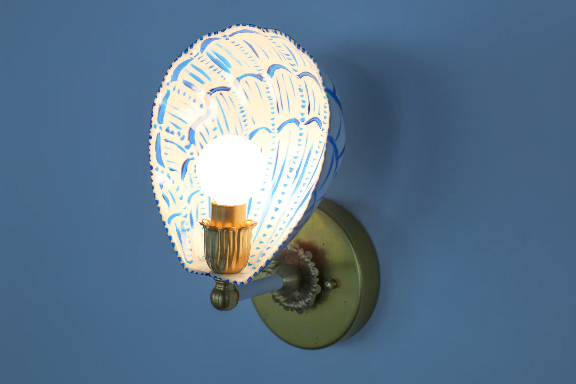 White, Blue, & Brass Hand-Painted Coquille Sconce: One of One - Image 8
