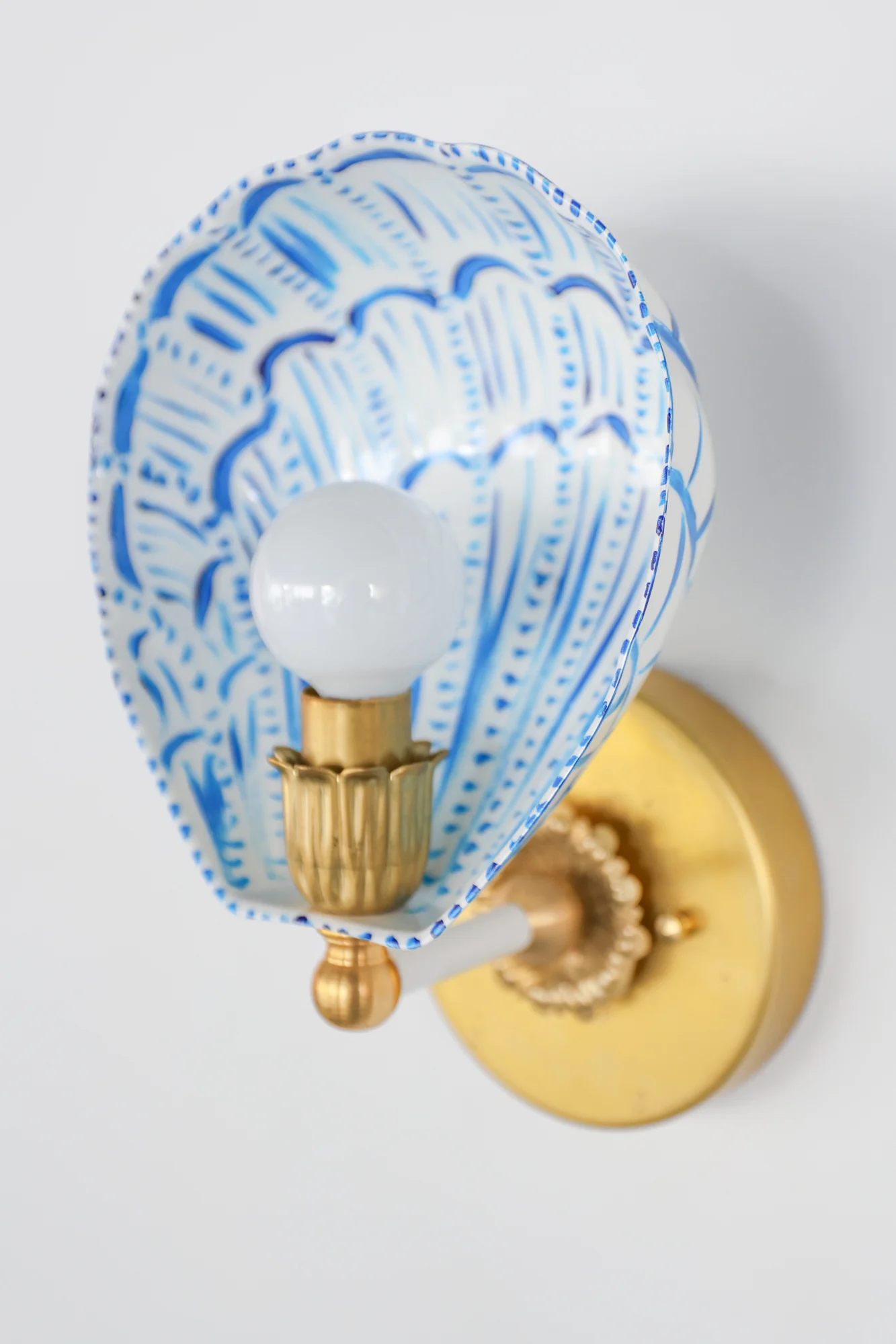 White, Blue, & Brass Hand-Painted Coquille Sconce: One of One - Image 9